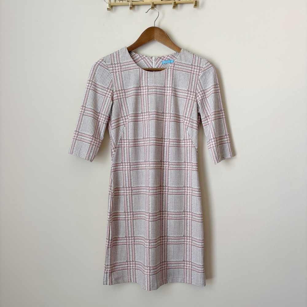 J. McLaughlin Taupe & Pink Houndstooth Sophia Sheath Dress XS Preppy Summer